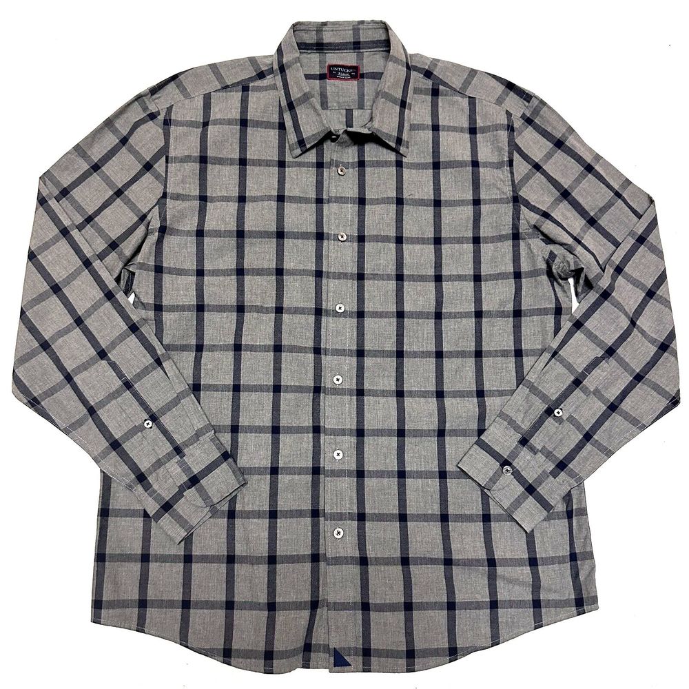 Untuckit Flannel Shirt Mens XL Gray & Navy Blue Plaid Long Sleeve Slim Button Up